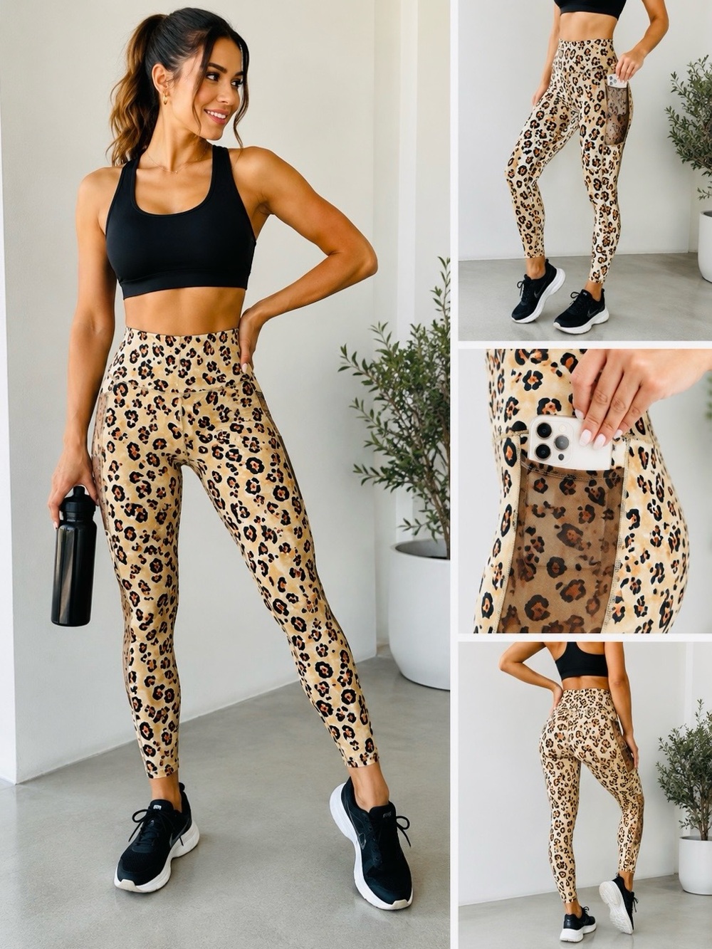 Fabletics PowerHold Leopard Print high rise Leggings Side Pockets Women’s Size L